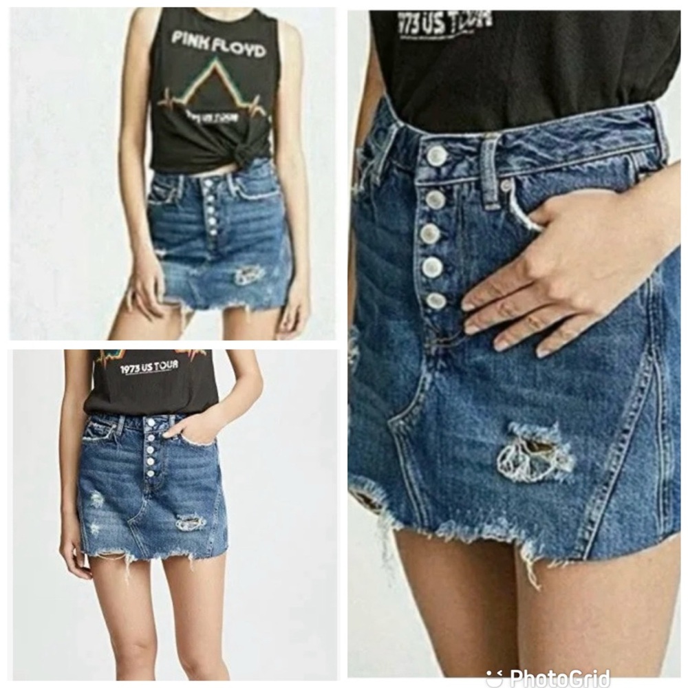 We the Free Harvey Blue Denim Mini Skirt Distressed Raw Hem Button Fly, size 31 - Picture 3 of 16